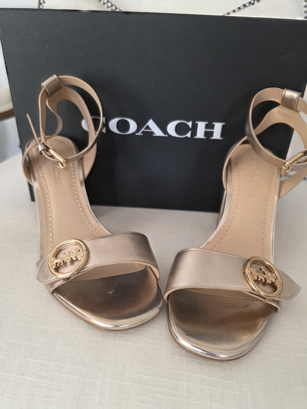 COACH Metallic Rose Gold Ankle-Strap Heels